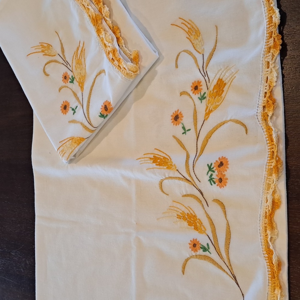 Vintage Pillowcase Set 2 Hand Embroidered In Yellow, Gold & Orange Grandma core